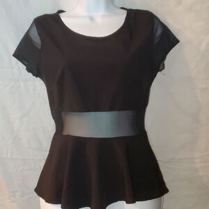 A'gaci Black Peplum Top - Sheer Mesh Sleeves & Illusion Midriff - Size Small